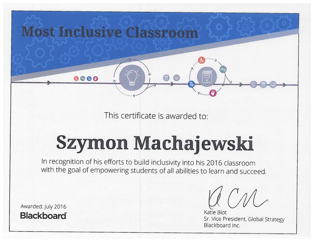 Most Inclusive Classroom certificate by Blackboard Inc